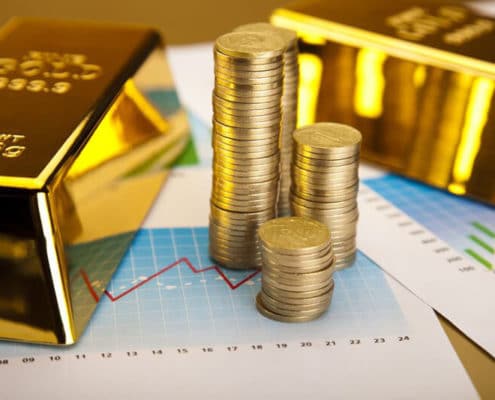 Goldbarren, Goldmünzen, Aktien