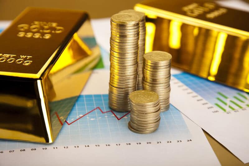 Goldbarren, Goldmünzen, Aktien