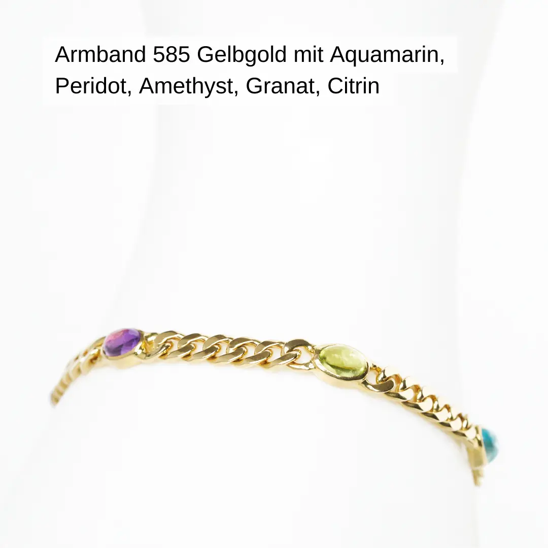 Armband 585 Gelbgold mit Aquamarin, Peridot, Amethyst, Granat und Citrin