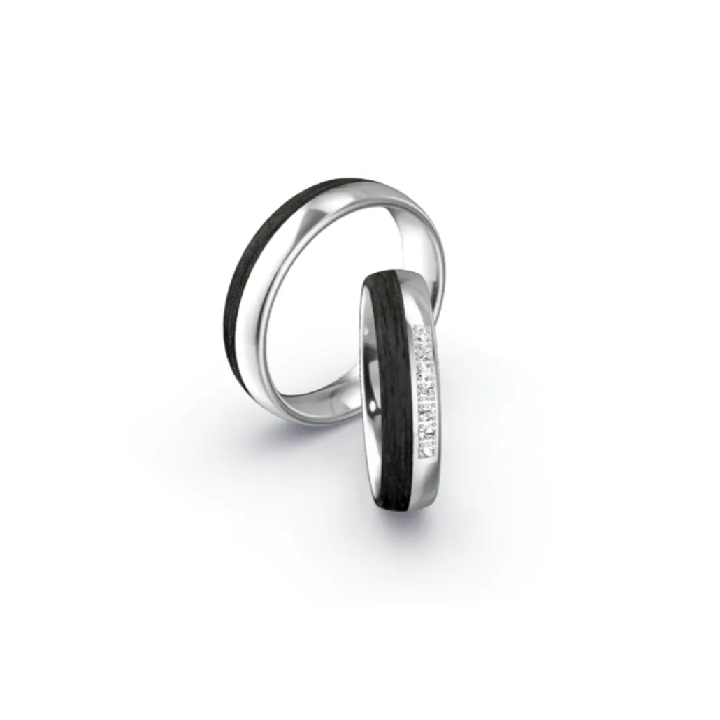 Trauringe in 600 Platin mit Carbon und 7 Brillanten