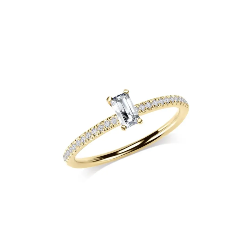 Verlobungsring in 750 Gelbgold mit 1 Baguette 0,30ct und Seitenbesatz